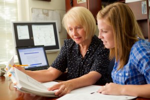 Wake Forest junior Kelly Rumbaugh ('12), a double major in computer science and mathematics, talks with computer science professor Jennifer Burg, left, in Burg's office in Manchester Hall on Thursday, September 2, 2010. The two were discussing Rumbaugh's computer-generated music project.